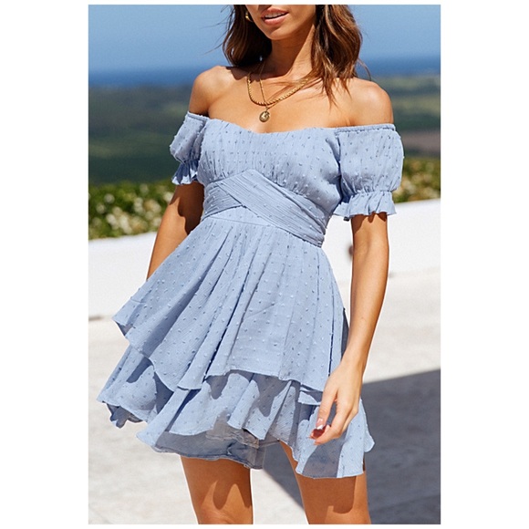 Periwinkle Swiss Dot Ruffle Off Shoulder Romper - Picture 2 of 6
